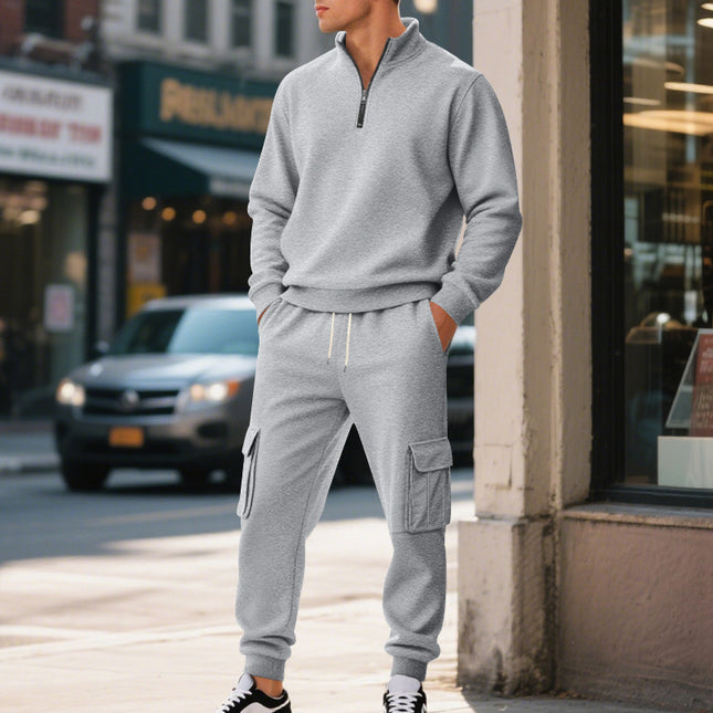Cross-Border Autumn and Winter Men's Clothing Amazon Sweatshirt Set Men's Casual Fleece-Lined Warm Zipper Men's Workwear Pants Set