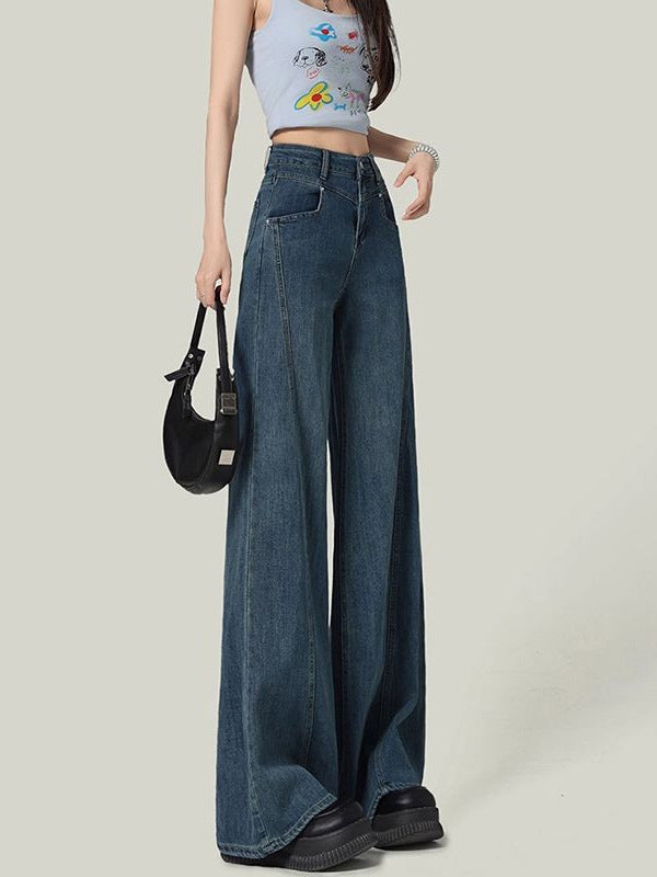 Vintage Blue Wide-Leg Jeans for Women, Autumn 2025 New Design, Slimming Straight-Leg Floor-Length Pants