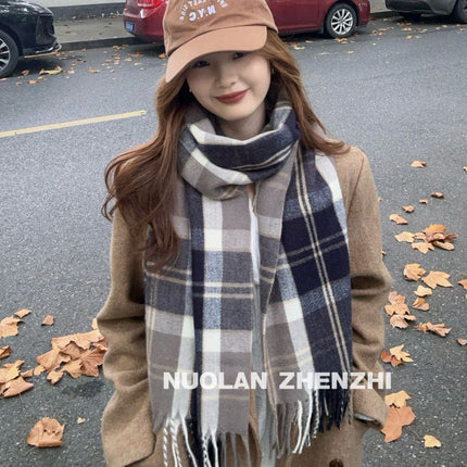 New Maillard Cashmere Plaid Scarf Women's Autumn and Winter Thickened Warm Shawl Dual-purpose Solid Color Student Scarf