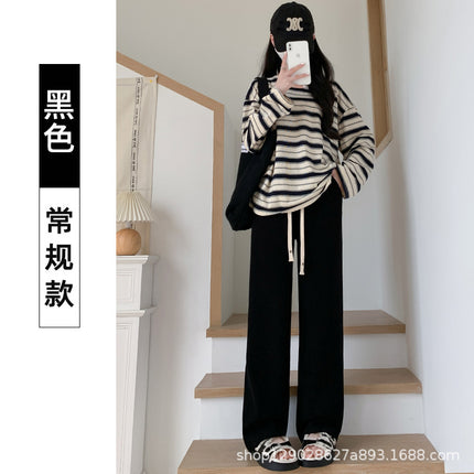 Creamy-white European cotton corduroy wide-leg pants women's winter fleece-lined high waist loose slimming draping mop straight pants