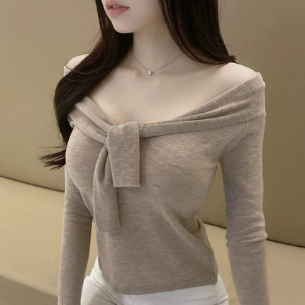 South Korea Spring New Elegant Slim-fit Shoulder Collar Shoulder Figure Lace-up Thin Long-sleeved Sweater T-shirt for Women