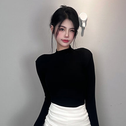 South Korea Dongdaemun New Sexy Chest Figure High Collar Tight Slimming All-match Long Sleeve T-shirt Women's Top