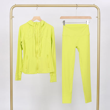 Lulu Df Stamped Hooded Jacket and Cropped Pants Set, Tight-Fitting Stretch Jacket with Gold Zipper, Fitness Yoga Outfit