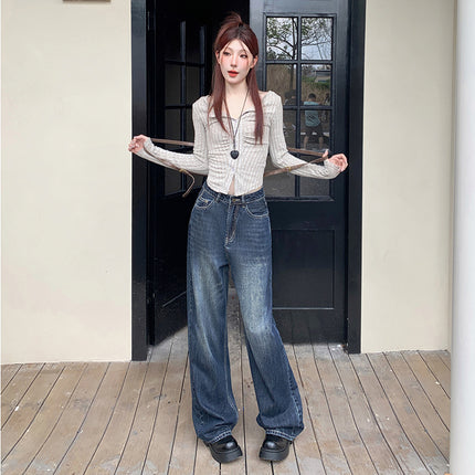 American Style Retro Dark Wide Leg Jeans Women's Autumn and Winter New Loose All-match Slim-fit Mop Pants