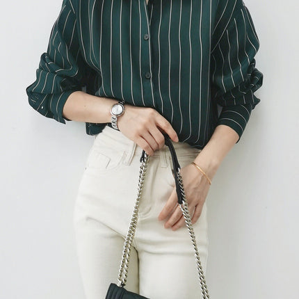 Special Offer: Commuter Ol Style, Simple and Elegant Seaweed Green Striped Print Silk Shirt for Women, Long-Sleeve Button-Up Mulberry Silk Blouse
