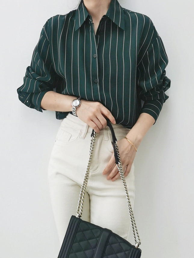 Special Offer: Commuter Ol Style, Simple and Elegant Seaweed Green Striped Print Silk Shirt for Women, Long-Sleeve Button-Up Mulberry Silk Blouse
