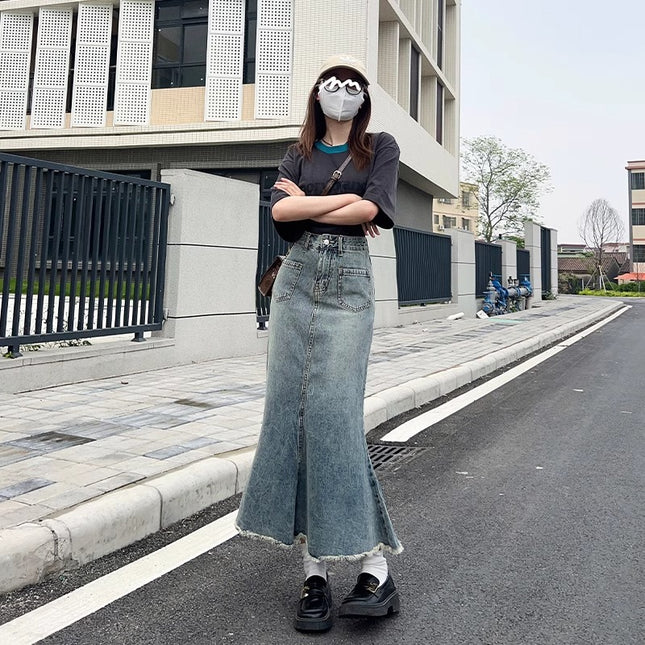 Hip Small Vintage Denim Fishtail Dress Women's Trendy All-match New High Waist Slimming Mid-length Hip Skirt