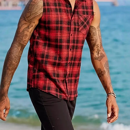 Europe and the United States cross-border personality men's jacket plaid sleeveless shirt men's casual shirt tassel craft shirt foreign trade fixed