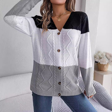 Big Sale Real Shot Autumn and Winter Casual Contrasting Color Button Long-Sleeved Sweater Cardigan Jacket Independent Station Cross-Border Women's Clothing