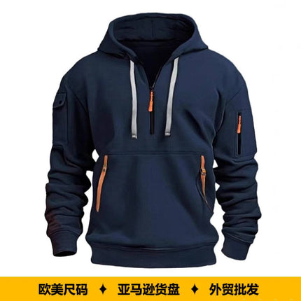 Cross-Border Amazon Men's Autumn and Winter European and American Size Hooded Zip-Up Top with Pockets Casual Sports Hoodie Sweatshirt