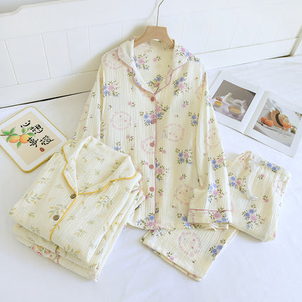 Pure cotton spring and summer nursing pajamas crepe monthly clothing postpartum plus size feeding two-piece pregnant women spring and autumn suit