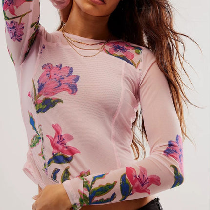 2024 New Amazon Hot Selling Mesh Double Layer Spring and Summer Digital Printed Flower Hot Products Slim Long Sleeve T-Shirt for Women