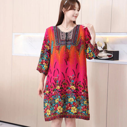 Extra Large Size Ethnic Style Round Neck Three-Quarter Sleeve Dress Loose Embroidered Flower Cotton Silk Travel Beach Skirt for Women