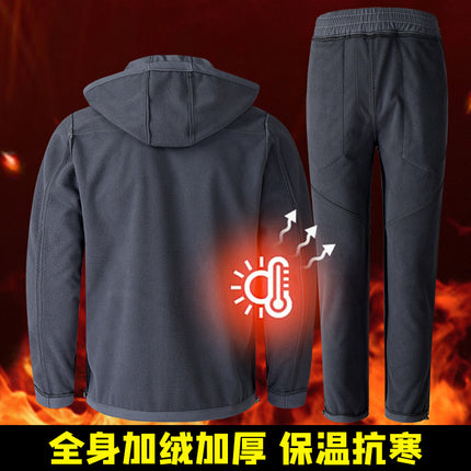 Winter Charge Clothes suit Men's fleece-lined Thickened Work Clothes Windproof Waterproof Warm Outdoor Mountaineering Suit Casual Tooling