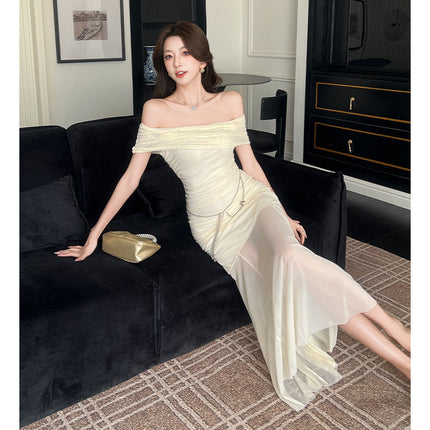 Cross-border 2025 Summer New French Style All-match Simple Elegant off-shoulder Pleated Mesh dress Women's Fishtail Dress