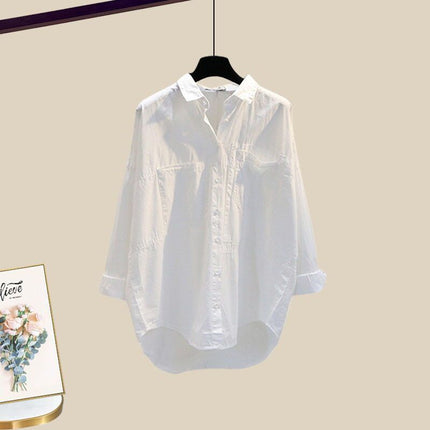 Autumn with a set of 2024 new plus size wear fake two-piece shirt top women's skirt two-piece set
