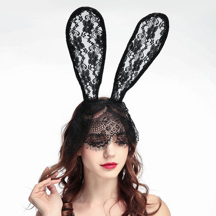 Fun Accessories New Lace Big Rabbit Ears Black Hair Band Mask Party Photography Halloween Headwear