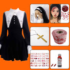 [halloween ghost nun limited edition] dress + headscarf + fake blood bottle + blood gauze + horror tattoo sticker + blood diamond + handheld cross / XS