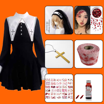 Evil Nun! Halloween Cos Costume Contrast Style Blackened Gothic Dark Style Horror Dress for Adult Women