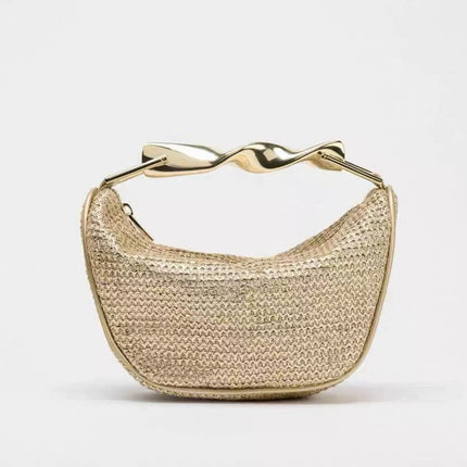 ZA home cross-border metal golden handle mini bag women's 2025 new straw woven bag shoulder slung zipper woven bag