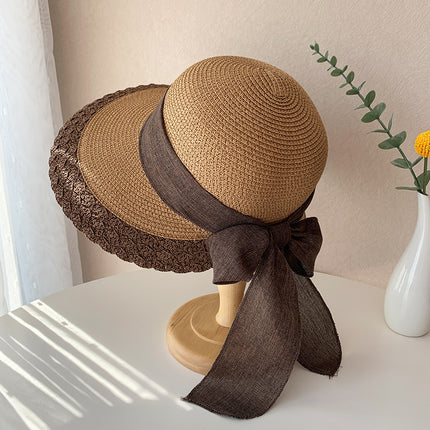 [Great Value] French Style Socialite Flat Top Hat 2025 New Summer Elegant Pearl String Sunshade Woven Straw Hat