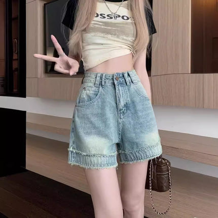 American Style High Street High Waist Fast Edge Denim Shorts 2024 Summer New Design Sense Loose Straight Wide Leg Hot Pants