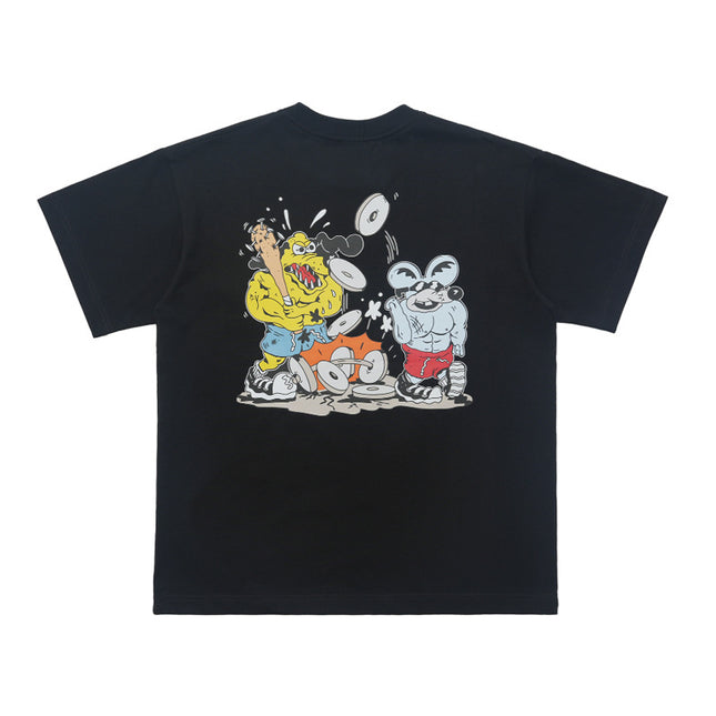 LawFoo national fashion American retro heavy 285g cotton cartoon mouse print loose version couple T-shirt fashion