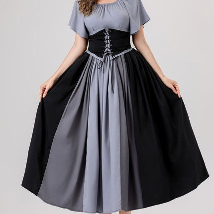 European and American New Arrivals: Medieval Retro Color-Blocking Dress with Flutter Sleeves, Tie-Waist, and Large Hem, Suitable for Masquerade Ball Performance