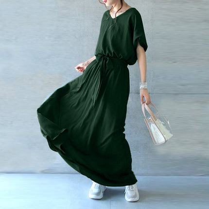 2023 cross-border Japanese skirt V-neck belt lace-up short sleeve large swing dress loose plus size mop skirt