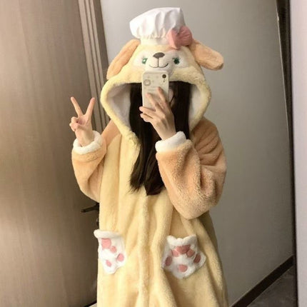 Butter Cake Chef Dog Pajamas Women's Winter Coral Fleece Thickened fleece-lined Winter Long Nightgown Home Clothes suit