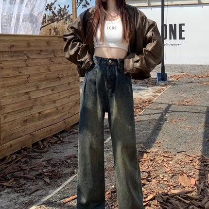Cement Grey Wide Leg Jeans Women's Autumn 2024 New High Waist Slimming Pleated Straight Mop Maillard Pants