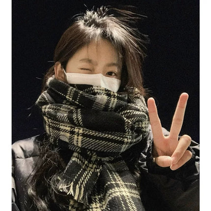 Factory new solid color haze blue scarf women's winter fluffy hair thickened students white students warm scarf