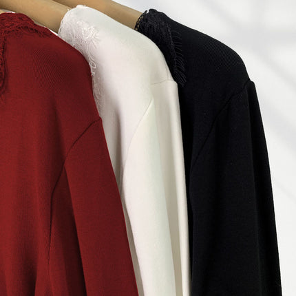 Ancola Red Sexy Pure Desire Style Lace Top Autumn and Winter New Brushed fleece-lined Thickened Cross V-neck Base Shirt