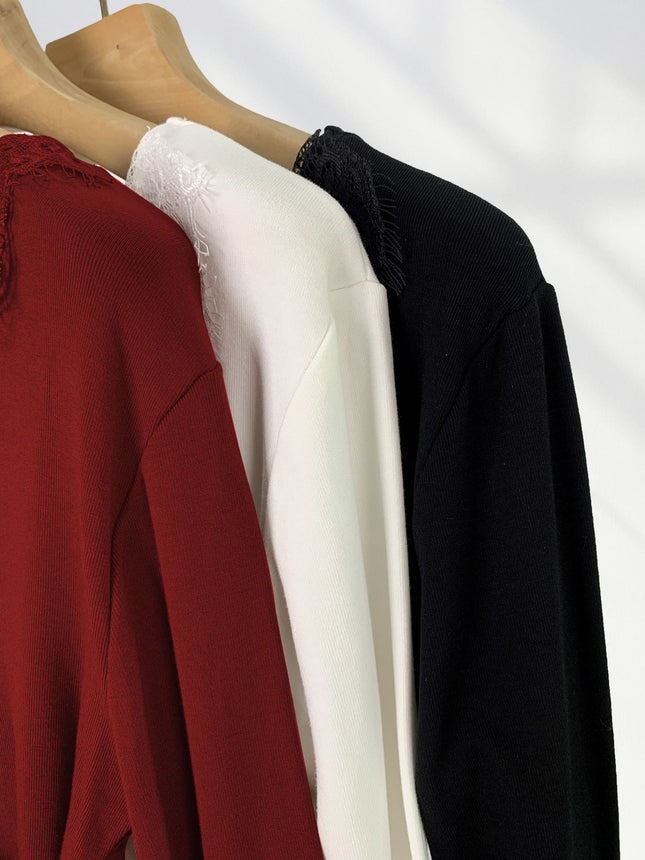 Ancola Red Sexy Pure Desire Style Lace Top Autumn and Winter New Brushed fleece-lined Thickened Cross V-neck Base Shirt