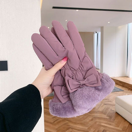 Down Cotton Gloves Women's Winter Bow Fingers Plus Fleece Windproof Cold-proof Skiing Five-finger Warm Touch Screen Cycling