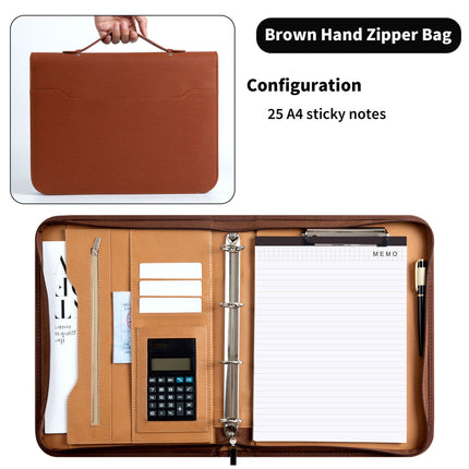 Spot Multifunctional A4 Folder Pu Leather Loose-Leaf Zipper Bag Office Business Satchel Manager Folder Custom Wholesale
