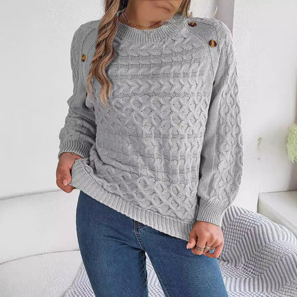 Big Sale 2024 Autumn and Winter New Pure Color Twist Button Lantern Sleeve Pullover Sweater Independent Station Cross-Border Women's Clothing