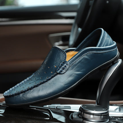Doug Shoes Men's Genuine Leather Casual Shoes Summer Breathable Soft Bottom Driving Cowhide Slip-on Lazy Shoes for Business All-Match