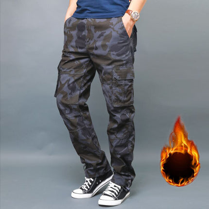Factory Explosions Autumn and Winter Medium Thick Multi-Pocket Crane Pants Men's fleece-lined Casual Pants Loose Straight plus size Pants Fashion Brand