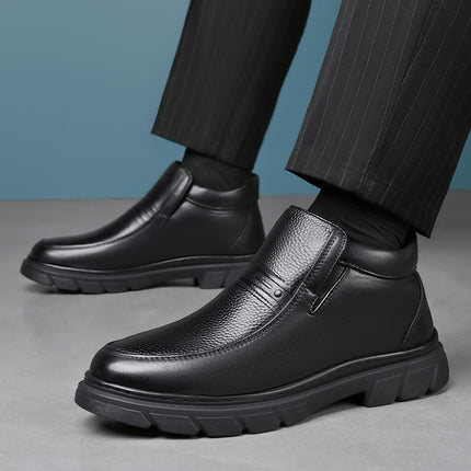 Winter fleece-lined Warm Cotton Shoes Men's Genuine Leather Fluffy Casual High-top Leather Shoes Men's Non-slip Soft Sole Middle-aged and Elderly Dad's Shoes
