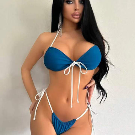 2024 New Cross-border European and American Bikini Swimsuit Lace-up Solid Color Sexy Swimsuit for Women