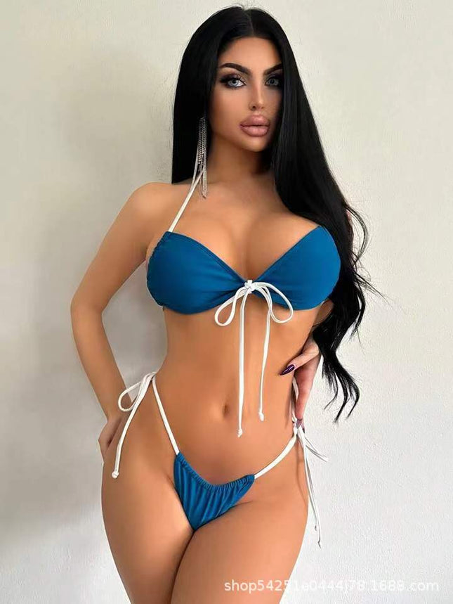2024 New Cross-border European and American Bikini Swimsuit Lace-up Solid Color Sexy Swimsuit for Women