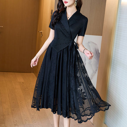 Light luxury socialite fried street chic unique heavy embroidery mesh stitching dress