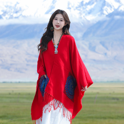 Xinjiang Xizang Travel Photo Split Pocket Ethnic Scarf Women's Dual-use Warm Outer Cape Cape Shawl