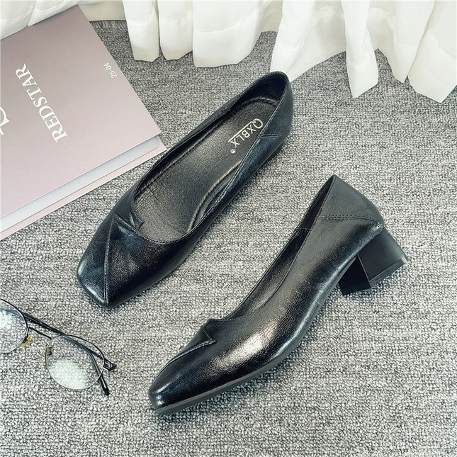 Work Shoes Women's Square Head Black Professional Work Interview Thick Heeled Middle Heeled Stewardess Flat Single Shoes Women