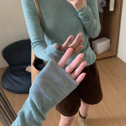 Highly Recommended Green Pullover Knit Sweater for Women in Autumn, Color-Blocking Slim-Fit Sweater for Layering and Commuting