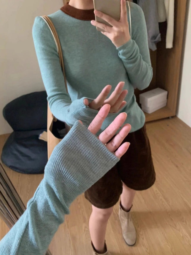 Highly Recommended Green Pullover Knit Sweater for Women in Autumn, Color-Blocking Slim-Fit Sweater for Layering and Commuting