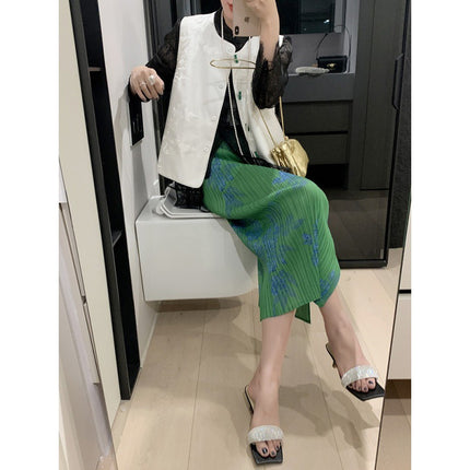 New Chinese-style Miyake Ruffled and Pressed Elastic Waist Stretch Vent Printed Buckle Mid-length Pencil Skirt Women's Skirt