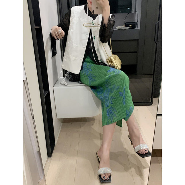 New Chinese-style Miyake Ruffled and Pressed Elastic Waist Stretch Vent Printed Buckle Mid-length Pencil Skirt Women's Skirt