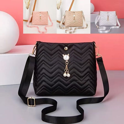 Korean Fashion Wave Stripe Quilted Cat Pearl Pendant Decorative Simple Ladies Crossbody Bag Cross-border Wholesale Bag